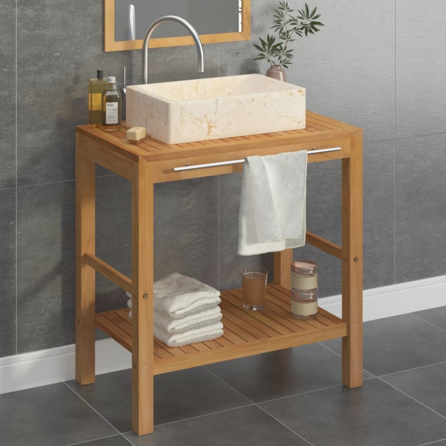 Armoire de toilette en teck solide avec lavabo en marbre Crème