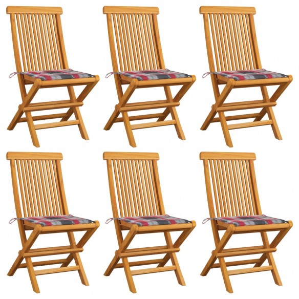 Chaises de jardin et coussins à carreaux rouge 6pcs Teck massif