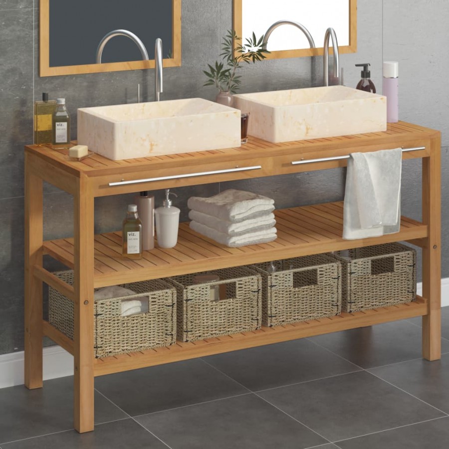 Armoire de toilette Teck solide avec lavabos en marbre Crème