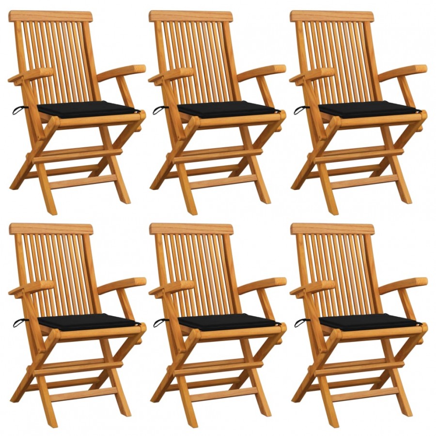 Chaises de jardin avec coussins noir 6 pcs Bois de teck massif