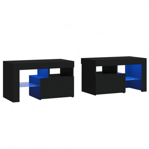 Tables de chevet 2 pcs et lumières LED Noir 70x36,5x40 cm