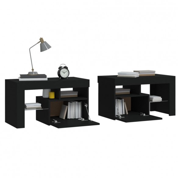 Tables de chevet 2 pcs et lumières LED Noir 70x36,5x40 cm