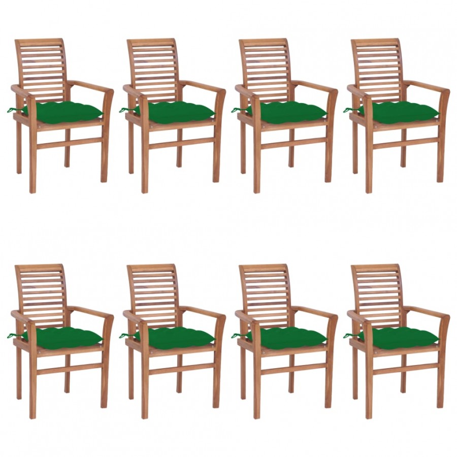 Chaises à dîner 8 pcs avec coussins vert Bois de teck solide