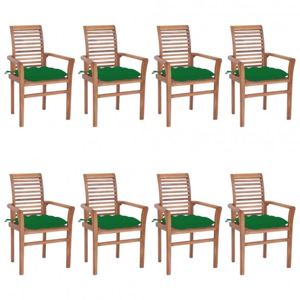 Chaises à dîner 8 pcs avec coussins vert Bois de teck solide