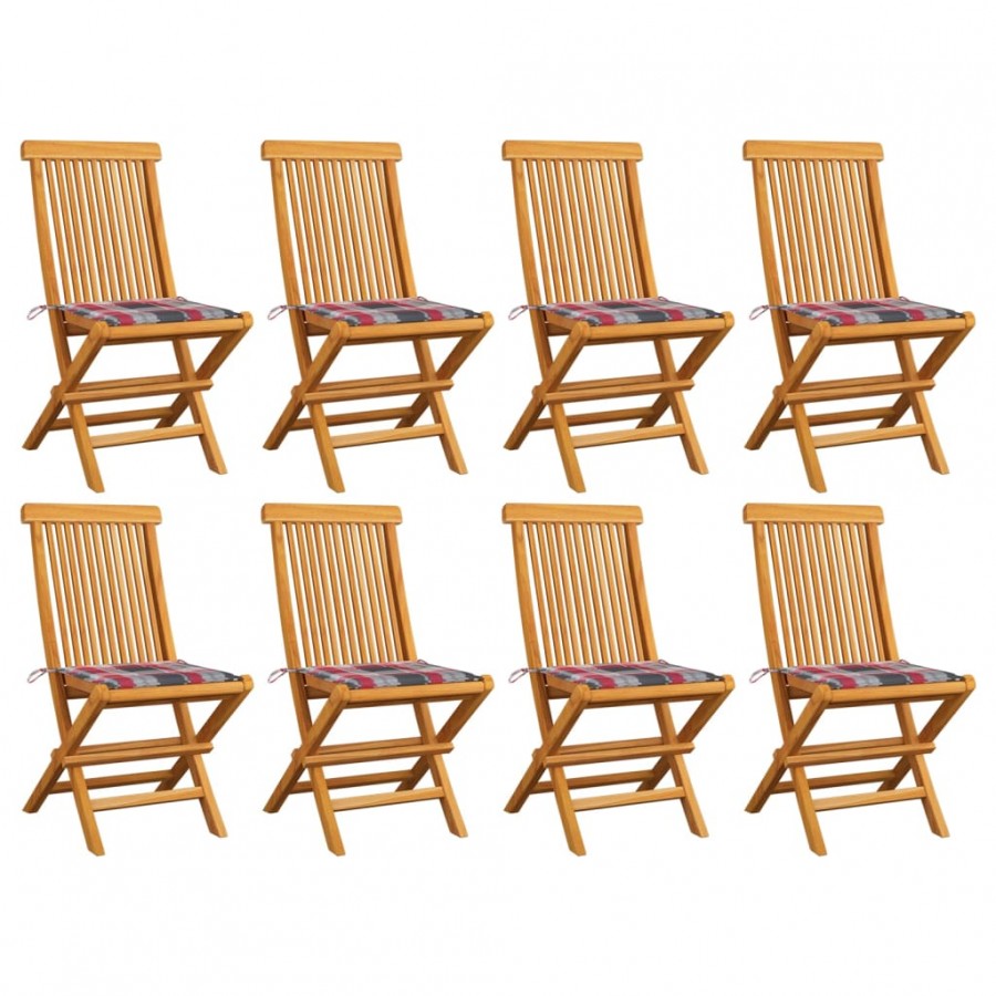 Chaises de jardin avec coussins motif carreaux 8pcs Teck massif