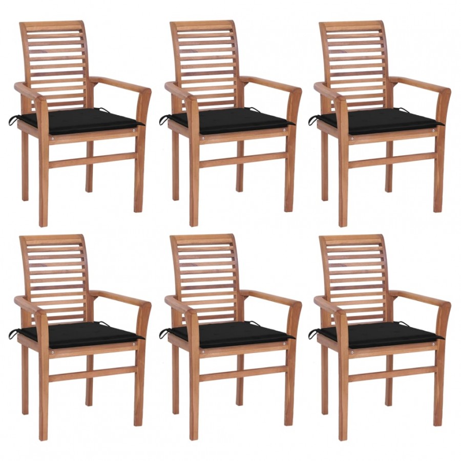 Chaises à dîner 6 pcs avec coussins noir Bois de teck solide