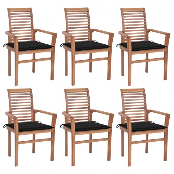 Chaises à dîner 6 pcs avec coussins noir Bois de teck solide