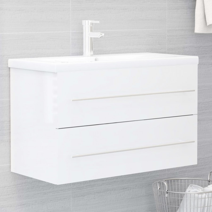 Armoire d'évier avec lavabo intégré Blanc brillant Aggloméré