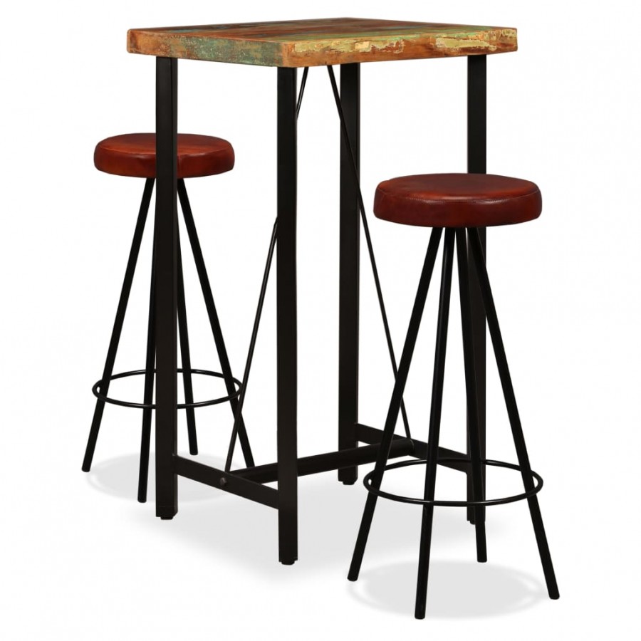 Ensemble de bar 3 pcs Bois massif recyclé et cuir véritable