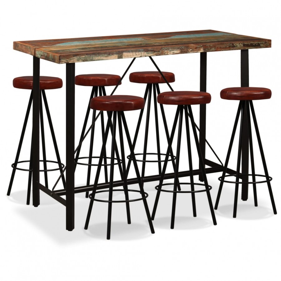 Ensemble de bar 7 pcs Bois massif recyclé et cuir véritable