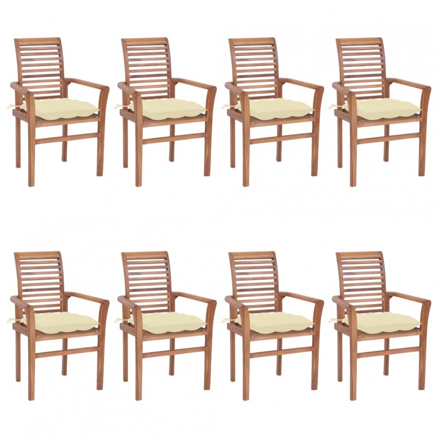 Chaises à dîner 8 pcs avec coussins blanc crème Bois de teck