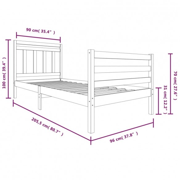 Cadre de lit Gris Bois massif 90x200 cm