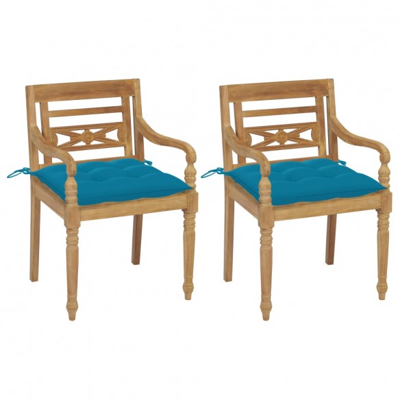 Chaises Batavia 2pcs et coussins bleu clair Bois de teck massif