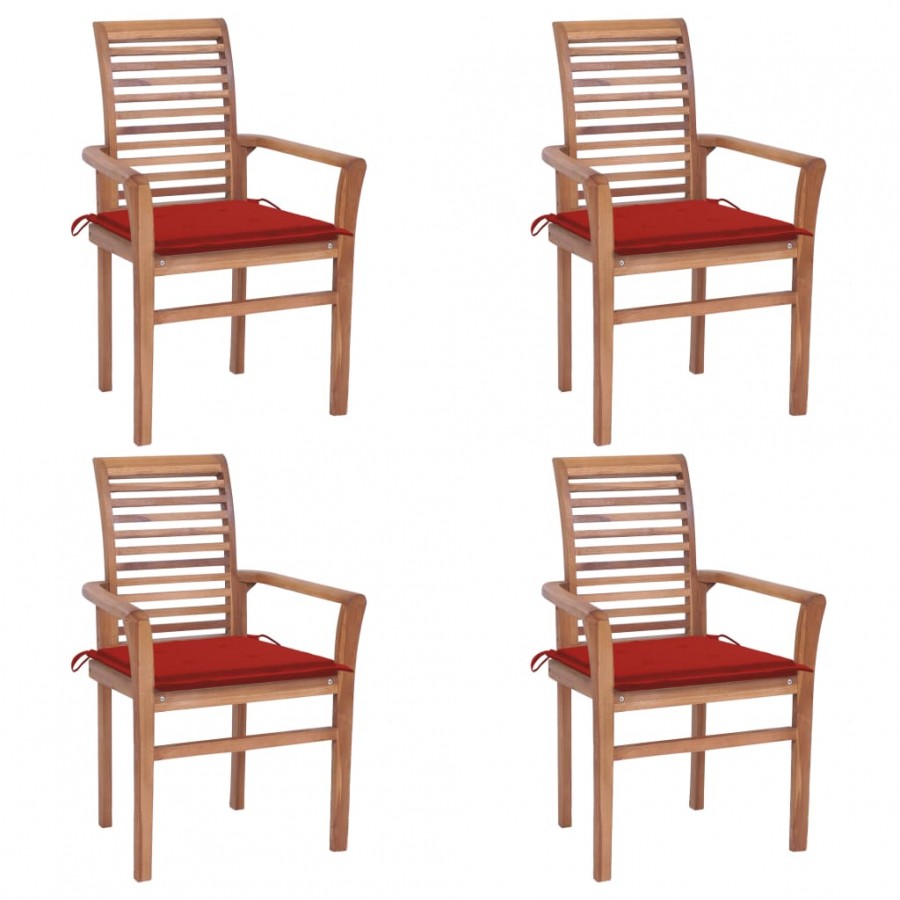 Chaises à dîner 4 pcs avec coussins rouge Bois de teck solide