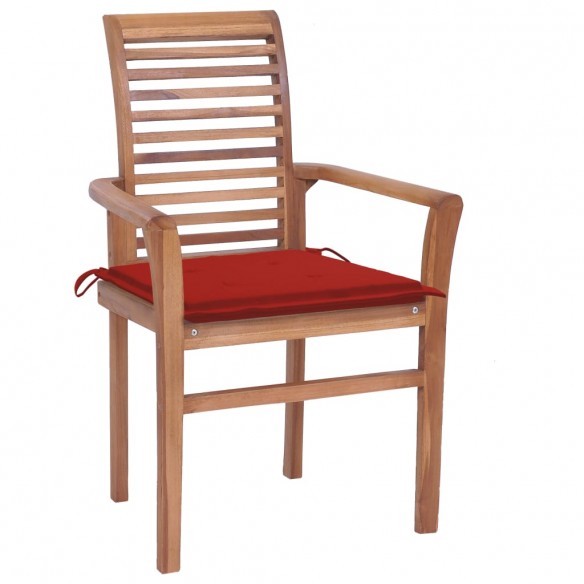 Chaises à dîner 4 pcs avec coussins rouge Bois de teck solide