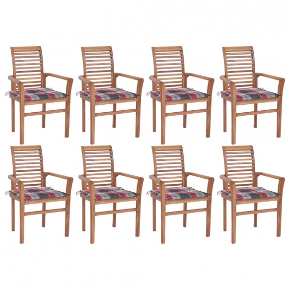 Chaises à dîner 8pcs avec coussins à carreaux rouge Teck solide