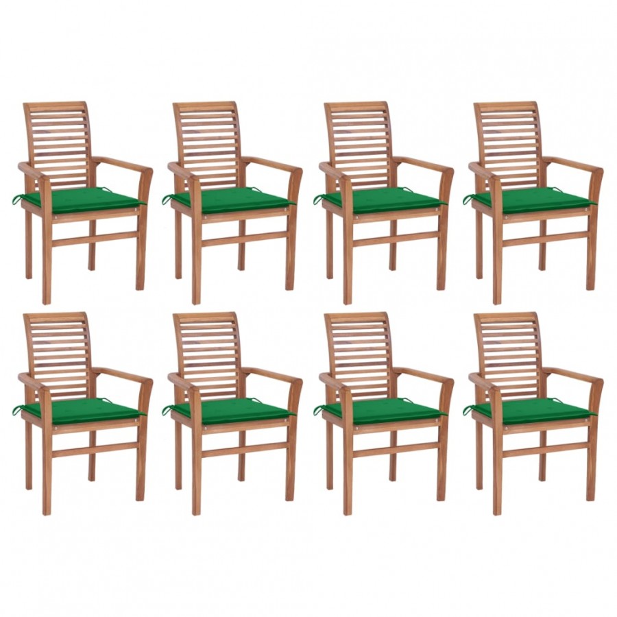 Chaises à dîner 8 pcs avec coussins vert Bois de teck solide