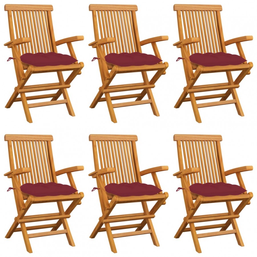 Chaises de jardin avec coussins rouge bordeaux 6pcs Teck massif