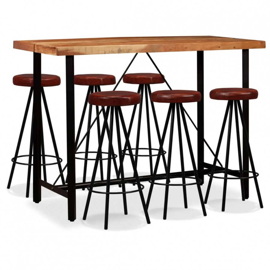 Ensemble de bar 7 pcs Bois d'acacia massif et cuir véritable