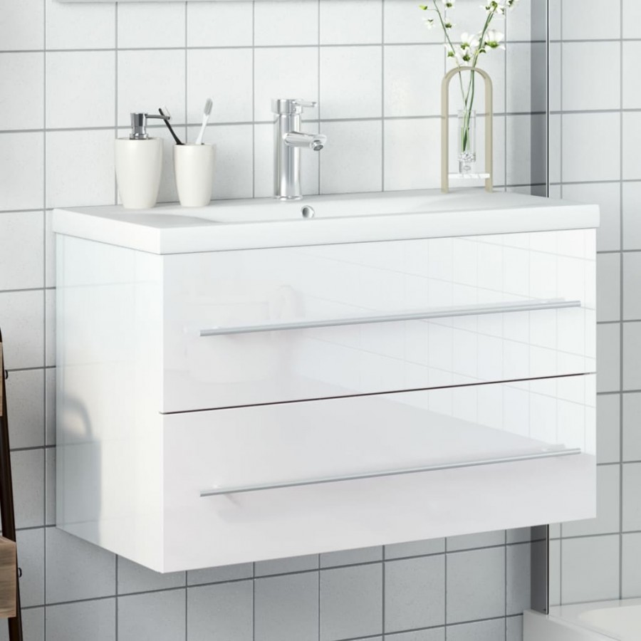 Armoire lavabo de salle de bain bassin intégré blanc brillant