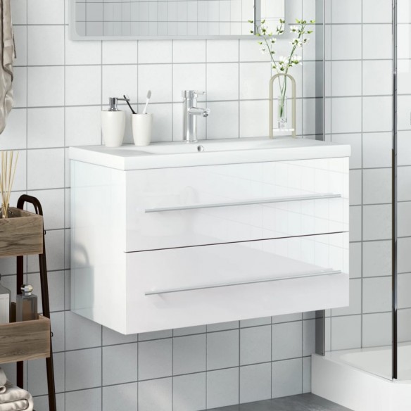 Armoire lavabo de salle de bain bassin intégré blanc brillant