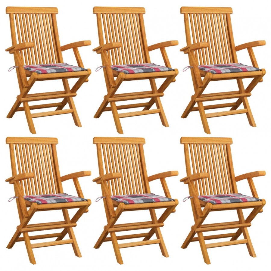 Chaises de jardin et coussins à carreaux rouge 6pcs Teck massif