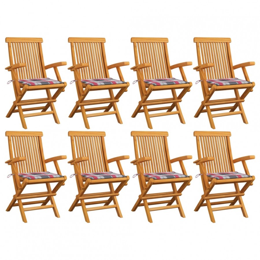 Chaises de jardin et coussins à carreaux rouge 8pcs Teck massif