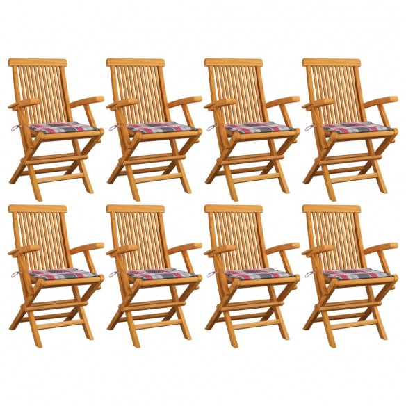 Chaises de jardin et coussins à carreaux rouge 8pcs Teck massif