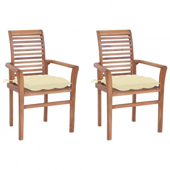 Chaises à dîner 2 pcs avec coussins blanc crème Bois de teck