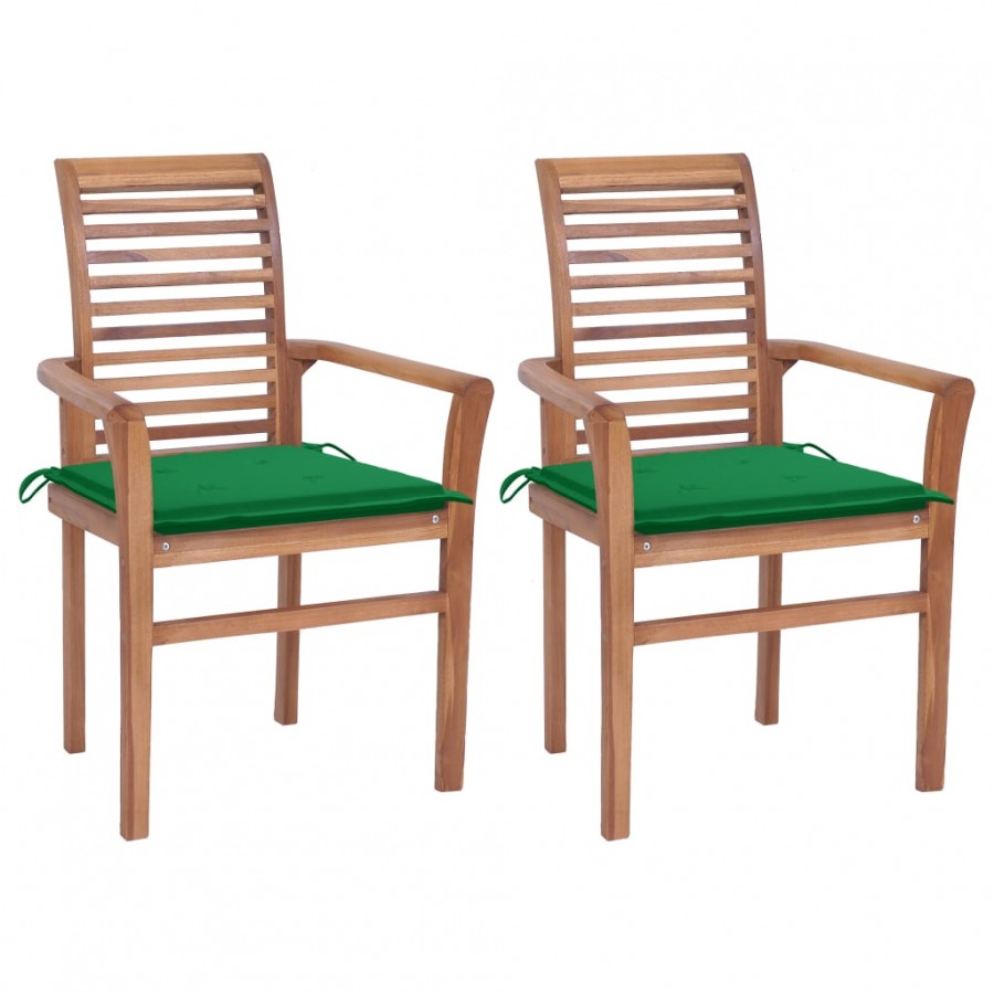 Chaises à dîner 2 pcs avec coussins vert Bois de teck massif