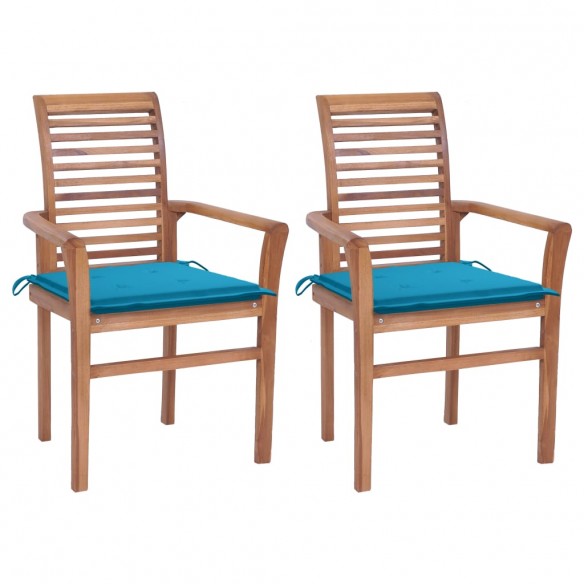 Chaises à dîner 2 pcs avec coussins bleu Bois de teck massif