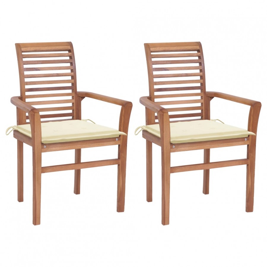 Chaises à dîner 2 pcs avec coussins crème Bois de teck massif