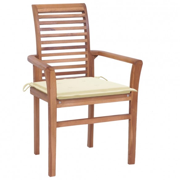 Chaises à dîner 2 pcs avec coussins crème Bois de teck massif