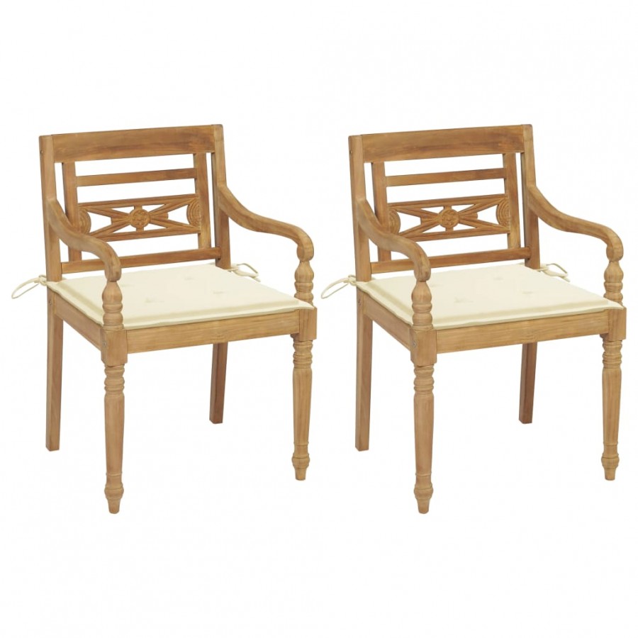 Chaises Batavia 2 pcs avec coussins crème Bois de teck massif