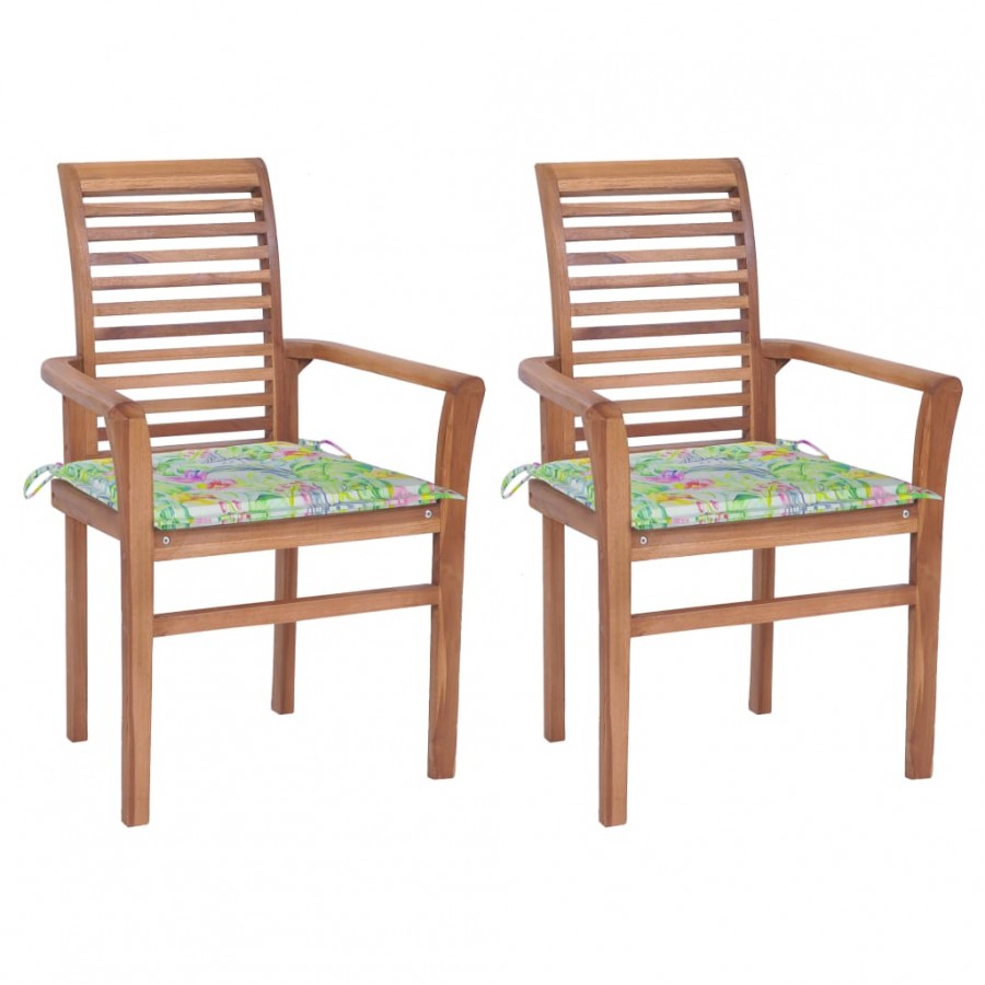 Chaises à dîner 2 pcs avec coussins à motif de feuilles Teck