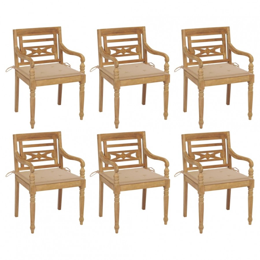 Chaises Batavia avec coussins 6 pcs Bois de teck solide