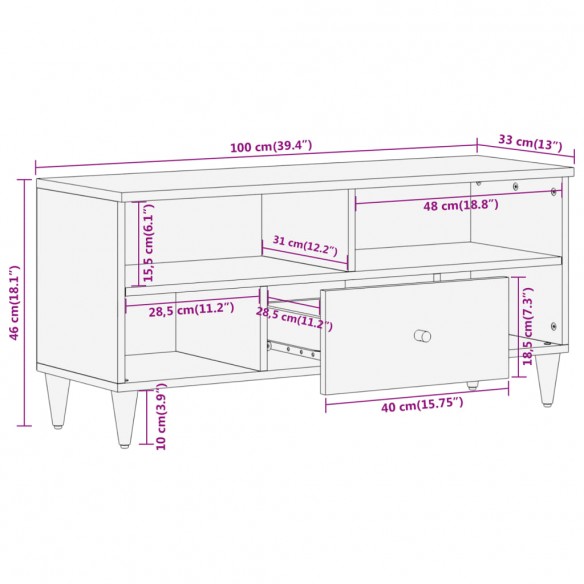 Meuble TV 100x33x46 cm bois massif de manguier