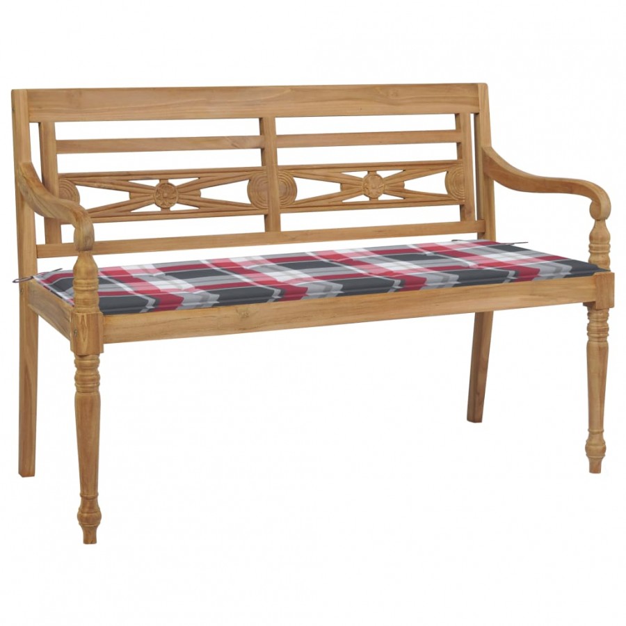 Banc Batavia avec coussin à carreaux rouge 120 cm Bois de teck