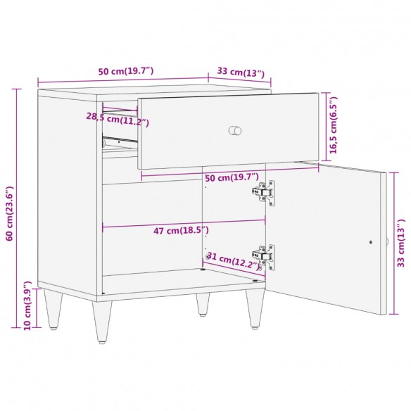 Table de chevet 50x33x60 cm bois de manguier massif