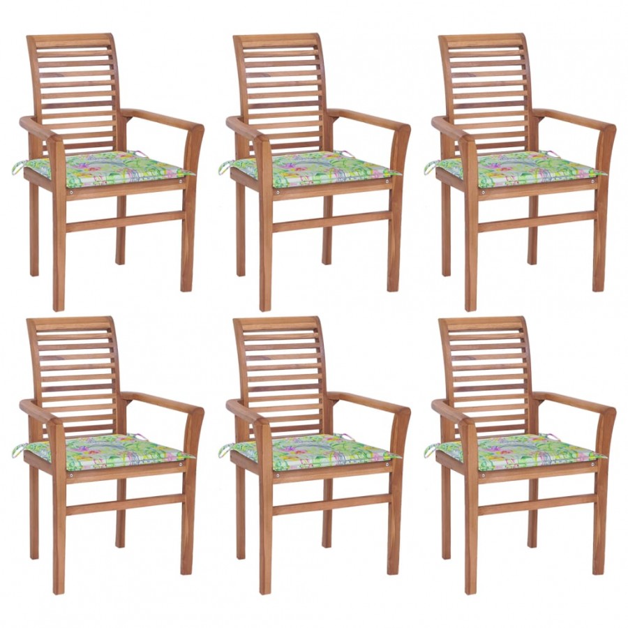 Chaises à dîner 6 pcs avec coussins motif feuilles Teck solide