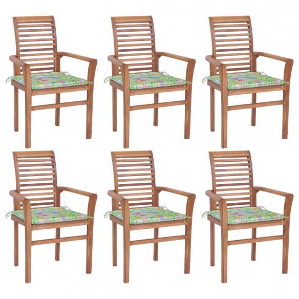 Chaises à dîner 6 pcs avec coussins motif feuilles Teck solide