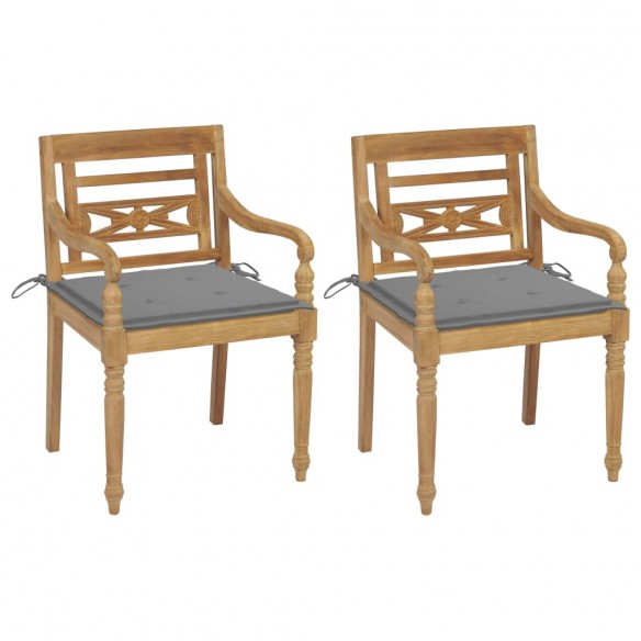 Chaises Batavia 2 pcs avec coussins gris Bois de teck massif