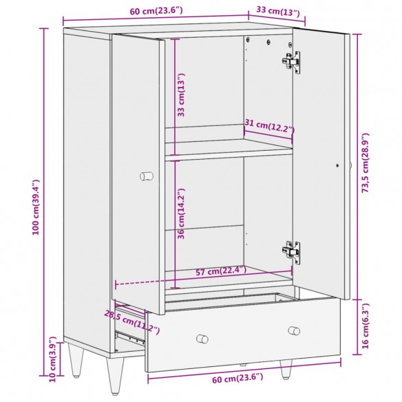 Buffet 60x33x100 cm bois de manguier massif