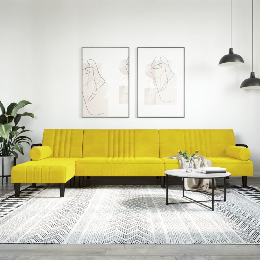 Canapé-lit en forme de L jaune 260x140x70 cm velours