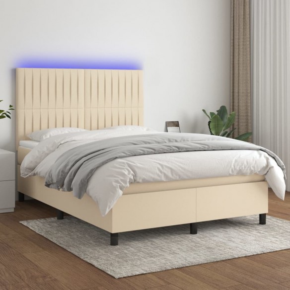 Cadre de lit et matelas et LED Crème 140x200cm Tissu