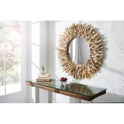 Miroir mural 80 cm design soleil en bois flotté