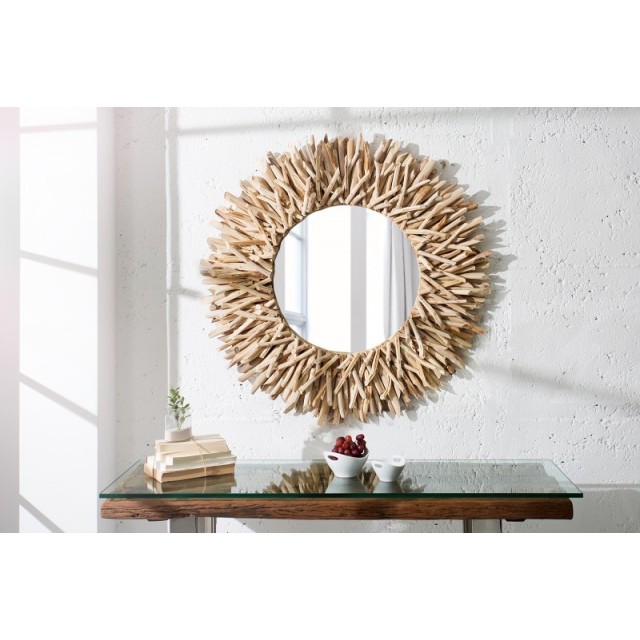 Miroir mural 80 cm design soleil en bois flotté