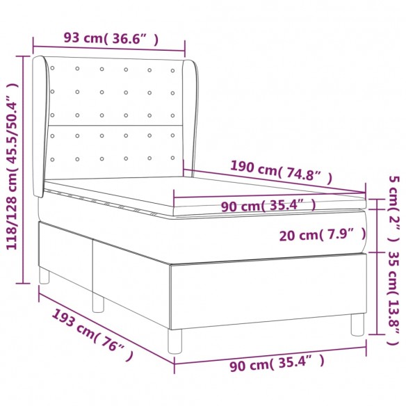 Cadre de lit et matelas Crème 90x190 cm Tissu