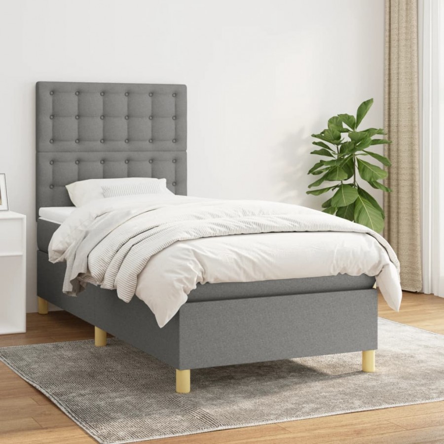 Cadre de lit avec matelas Gris foncé 90x200 cm Tissu