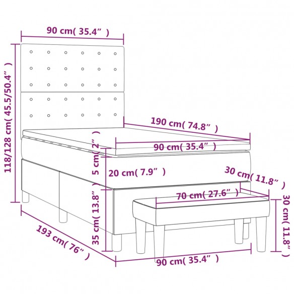 Cadre de lit et matelas Gris clair 90x190 cm Tissu